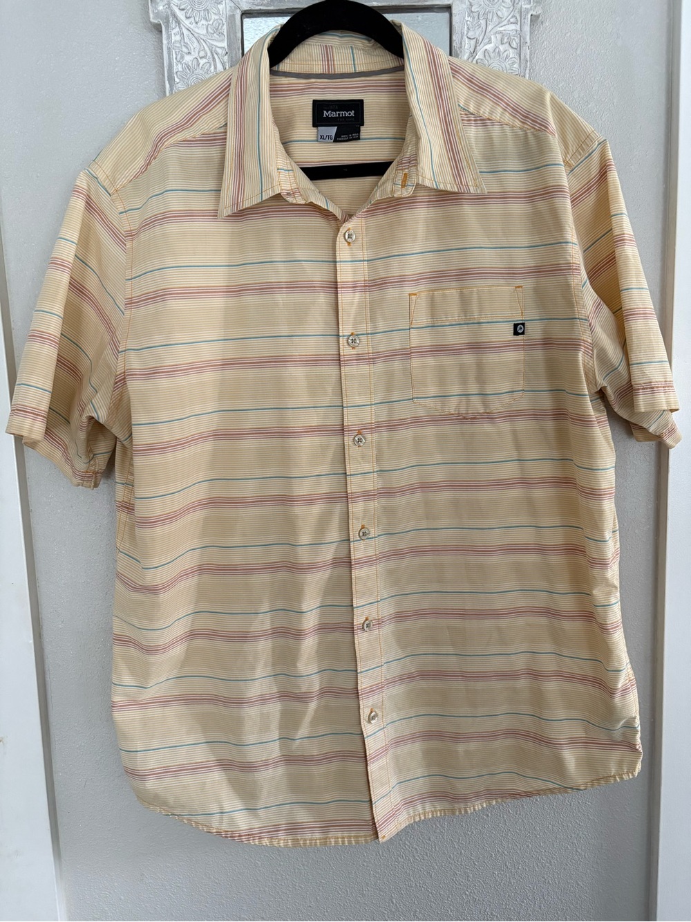 Marmot Men’s Short Sleeve Pale Yellow Multi-Stripe Button-Up Shirt